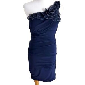 B.Darlin One Shoulder Floral Bodycon Mini Dress Navy Blue Women’s Size Medium M